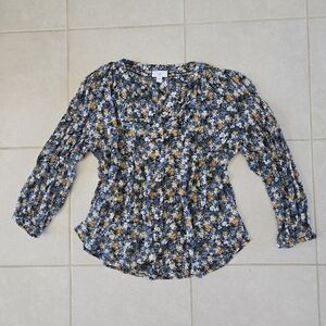 J. Jill Smocked M Relaxed Rayon Button Blouse White Blue Floral 3/4 Sleeves